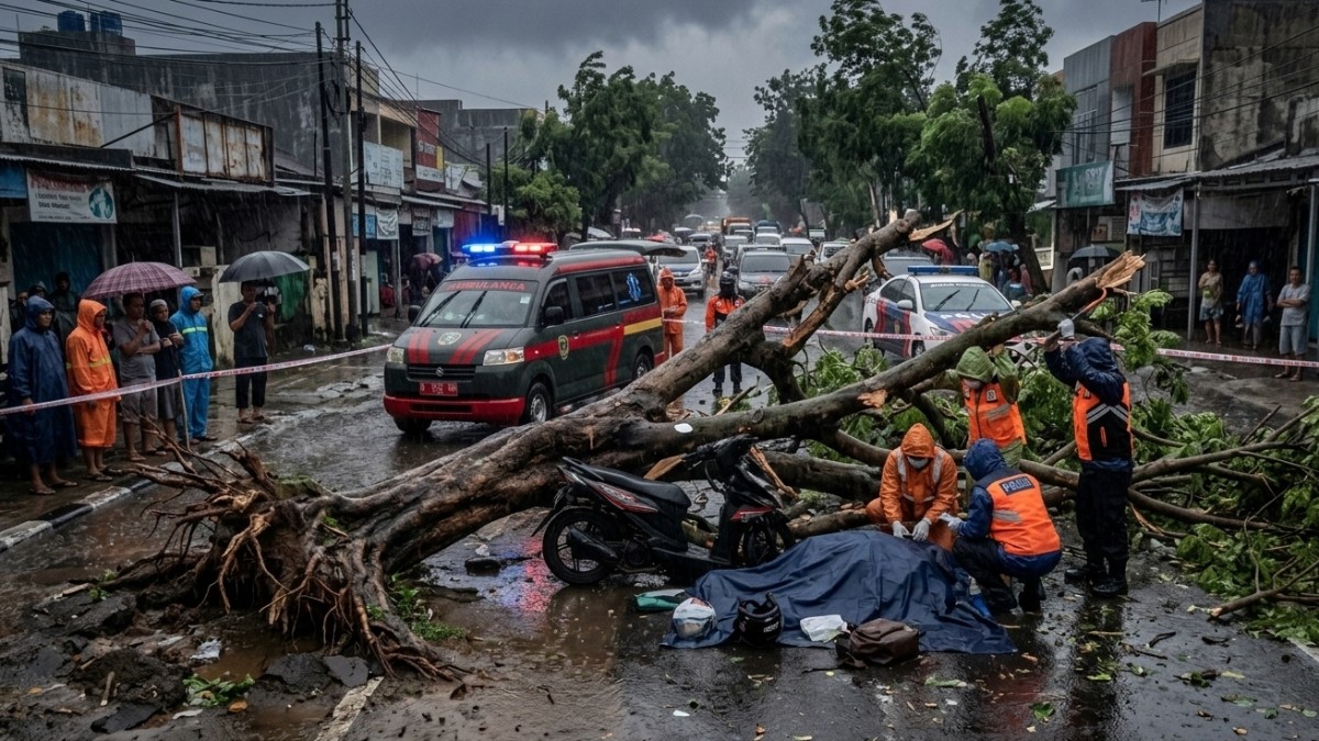 Tragis! Pengendara Motor Tewas Tertimpa Pohon Tumbang di Lenteng Agung Jaksel Akibat Hujan dan Angin Kencang